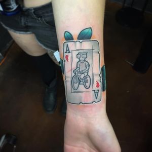 Milo riding a bike on an ace of hearts card by Vinny Capaldo-Smith (IG—vinnypxpx). #Milo #playingcard #TheDescendents #traditional #VinnyCapaldoSmith