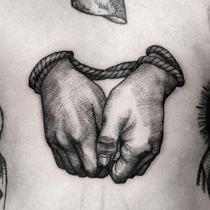 Blackwork tied hand tattoo by HanBum Lee. #HanBumLee #Gghost #blackwork #hand #macabre #gore #dark #tied #rope