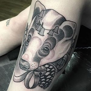 Blackwork badger by Amy Savage. #dotwork #blackwork #badger #bell #AmySavage