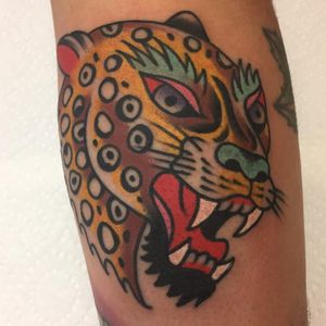 Colorful Leopard tattoo by Jeff Sypherd #JeffSypherd #cattattoos #color #traditional #leopard #cheetah #cat #kitty #junglecat #animal