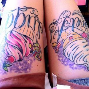 Sweet thigh tattoos #candytattoo #lollipop #sweet #cupcake #icecream