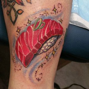 A more realistic take on a sushi tattoo, by Bill McBee #BillMcBee #sushitattoo #nigiri #sushi