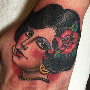Solid Gypsy Lady Tattoo on the Hand by Xam @XamTheSpaniard #Xam #XamtheSpaniard #Beautiful #Gypsy #Girl #Lady #Hand #Traditional #sevendoorstattoo  #London