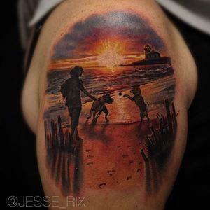 Playing fetch at the beach by Jesse Rix (IG—jesse_rix). #beach #color #dogs #JesseRix #landscape #realism