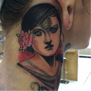 Neck tattoo by Jurgen Eckel #JurgenEckel #neotraditional #lady #neck