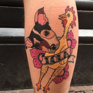 Jack Russell and its rubber chicken. Tattoo by Silvia Calavera. #traditional #banner #dog #rubberchicken #JackRussell #SilviaCalavera