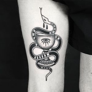 Snake and Chalice Tattoo by Russell Winter #snake #snaketattoo #chalice #chalicetattoo #blackwork #blackworktattoo #blackworktattoos #blackworkartists #blacktattooing #blackink #darktattoos #darkink #RussellWinter