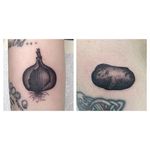Blackwork onion and potato tattoos by Dan Bythewood. #potato #onion #vegetable #blackwork #DanBythewood