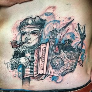 Awesome sailor design with beautiful subtle color Tattoo by Bernd Muss #BerndMuss #watercolor #freestyle #illustration #sailor #nautical #accordion #tugboat