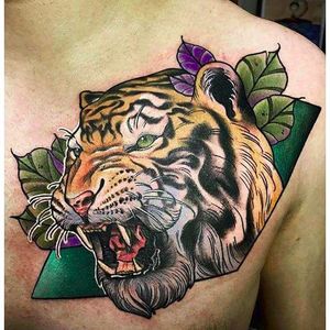 Tiger head by Leonardo Branco (via IG -- conexionberlin) #leonardobranco #tiger #floral #color