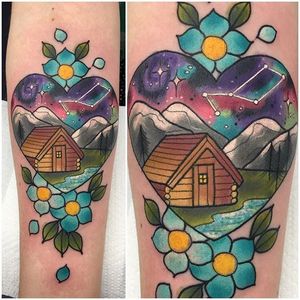 Log Cabin Tattoo by Ashley Luka #logcabin #logcabintattoo #neotraditional #neotraditionaltattoo #neotraditionaltattoos #colorfultattoos #brighttattoos #AshleyLuka