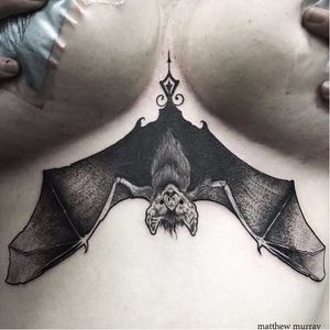 Blackwork bat tattoo by Matthew Murray. #MattMurray #blackwork #dark #macabre #blackveilstudio #bat #underboob