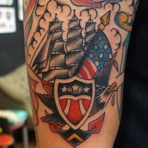 A maritime bald eagle piece by Mike Reed (IG—mikereedtattoo). #AmericanFlag #anchor #baldeagle #MikeReed #patriotic #traditional