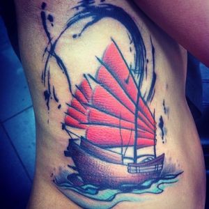 Junk Ship Tattoo by Paul Hallett #junkship #junkboat #junk #asianboat #chineseboat #chineseboats #chinesetattoo #PaulHallett