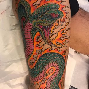 Serpentine by Luca Mamone #LucaMamone #Japanese #Traditional #mashup #snake #scales #reptile #fire #cobra #nature #fangs #attack #color #tattoooftheday
