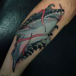 Really clean shark tattoo by Didac Gonzalez. #DidacGonzalez #neotraditional #shark