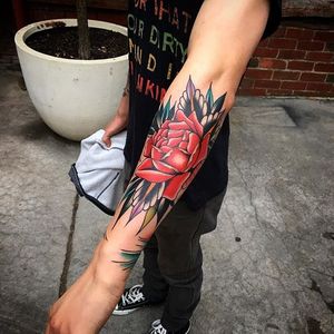 Rose forearm piece by @kirk_jones_tattoo #roses #traditional #kirkjones