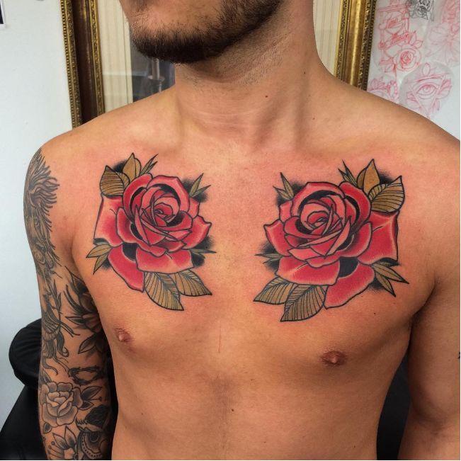Traditional Rose Tattoo on Chest by Connor Getzlaff
