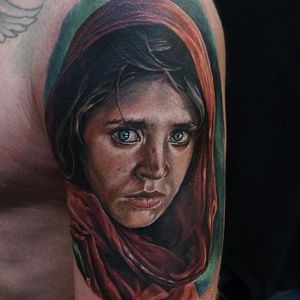 Afghan girl portrait tattoo by Jordan Croke #JordanCroke #realistic #portrait #afghangirl