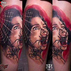 Spider Lady Realistic Female Portrait Tattoo by Mirel @Mireltattoo #MirelTattoo #DimitryTod #Realistic #Female #Portrait #Portraittattoo #Spider #lady #woman #Germany