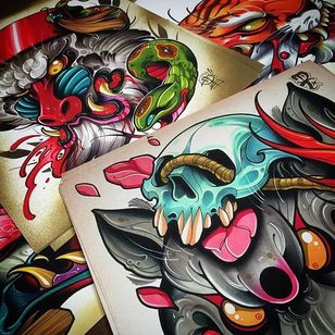 ¡El color en estas piezas flash es simplemente poppin!  Obra de arte de David Tevenal en Instagram #DavidTevenal #flash #illustration #colorwork #artist #skull #abe #newjapanese