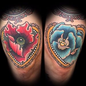 Stylish flower tattoos #MyraBrodsky #neotraditonal #flower #poppy #heart #pearls