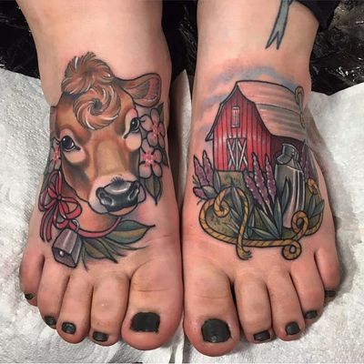 Country holiday anyone? by Sadee Glover #SadeeGlover #newtraditional #color #cow #animal #farm #barn #milk #rope #bell #cowbell #flowers #grass #nature #tattoooftheday