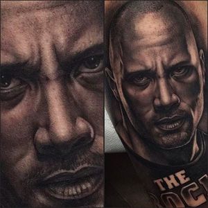 Super cool portrait tattoo of Dwayne THE ROCK Johnson! Tattoo by Juande Gambin. #juandegambin #portraittattoos #therock #dwaynejohnson