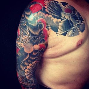Full sleeve minimal color tattoo by Adam Craft #kiwiana #bird #birdtattoo #fantail #tui #Pohutukawa #AdamCraft #newzealand