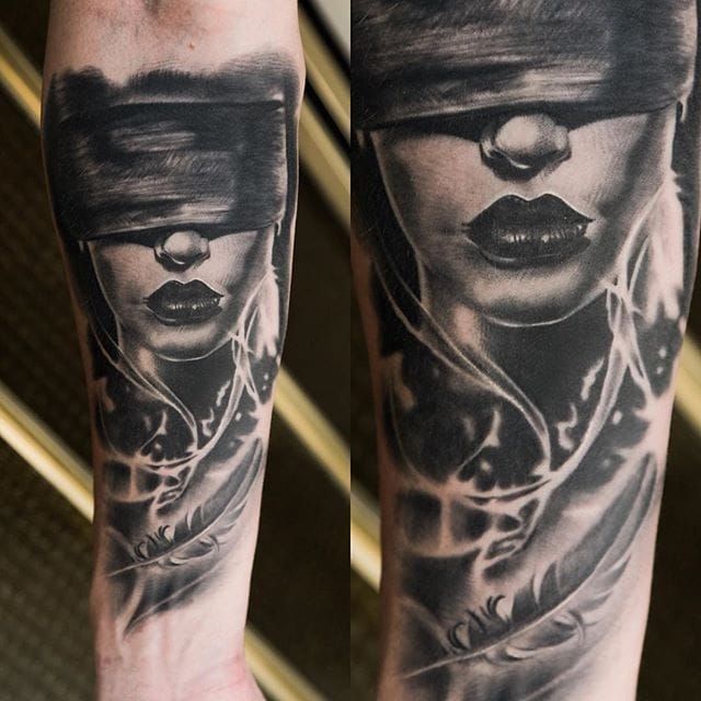 Tattoo uploaded by Stacie Mayer • Healed blindfolded woman by Chris Block.  #healed #blackandgrey #realism #woman #blindfold #feather #ChrisBlock •  Tattoodo