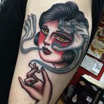 Man Eater by Danielle Rose #DanielleRose #color #blackandgrey #traditional #ladyhead #smoking #cigarette #panther #cat #smoke #lady #hand #junglecat #tattoooftheday