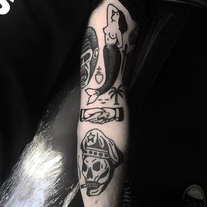 Blackwork tattoo sleeve by Matty D'Arienzo. #MattyDArienzo #blackwork #traditional #harambe #gorilla #mermaid #skull #handshake