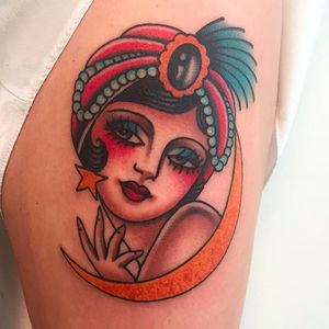 Cool headress on this girl head with a crescent. Tattoo by Jaclyn Rehe. #JaclynRehe #ChapelTattoo #traditional #girl #girlhead #girlsgirlsgirls #moon #crescent