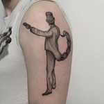Pointillism tattoo by Anna Neudecker. #pointillism #dotwork #AnnaNeudecker #hybrid #surreal #scorpion #man #gentleman