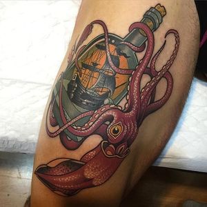 Neo Traditional Tattoo by Rodrigo Kalaka #NeoTraditional #NeoTraditionalTattoos #NeoTraditionalTattooing #NeoTraditionalArtists #BestArtists #RodrigoKalaka #bottle #ship #octopus