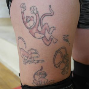 Cute monkey tattooos, done at Fineline Tattoo #swinging #monkey #color #finelinetattoo #copenhagen #rollerderby #tattooedathletes