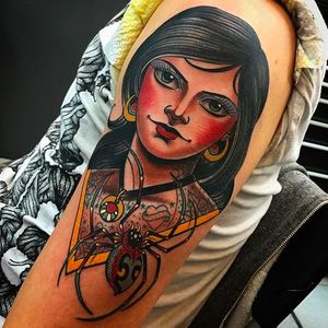 Tattooed SPider Lady Tattoo by Xam @XamTheSpaniard #Xam #XamtheSpaniard #Beautiful #Gypsy #Girl #Lady #Spider #Tattooed #Traditional #sevendoorstattoo #London