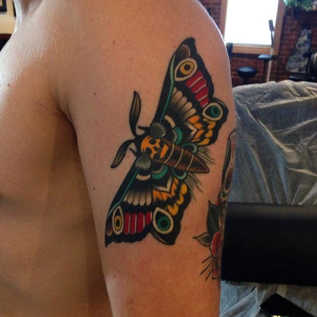 Tatuaje tradicional de polilla.  Tatuaje tradicional de Emmet Jace.  #tradicional #insecto #mole #EmmetJace