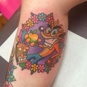 Crash Bandicoot tattoo by Sarah K #SarahK #neotraditional #CrashBandicoot #gaming #akuaku #colorful #flowers
