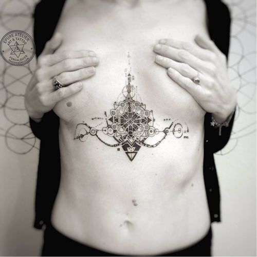 Geometric tattoo by Marie Roura #MarieRoura #graphic #spiritual #geometric #mandala #sternum