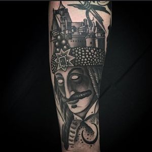 Blackwork manor portrait tattoo by Tyler Allen Kolvenbach. #TylerAllenKolvenbach #blackwork #manor #house #dark #grim #portrait #VladTheImpaler