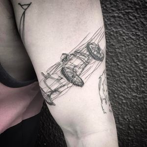 Italian race car sketch from client's father's sketch book #losangelestattoo #MikeBurns #blackwork #sketch #sketchstyle #racecar