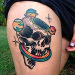 Colorful galaxy and skull tattoo by James Ghrey. #traditional #newtraditional #JamesGhrey #colorful #galaxy #space #planets #skull