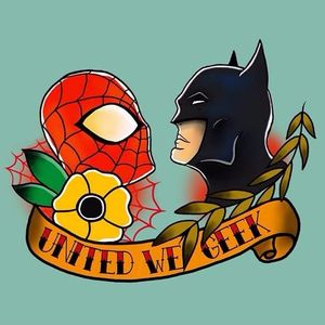 United we geek tattoo flash by Phil Wall. #PhilWall #geek #flash #flashes #geeky #batman #spiderman
