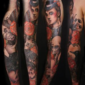 Cool sleeve by Victor Kludge #VictorKludge #traditional #surrealistic #skull #crow #violin