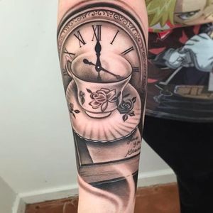 Teacup and clock tattoo by Nate Graves. #NateGraves #Sacred #realism #michigan #blackandgrey #realistic #teacup #clock