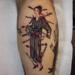 Wounded Onna-bugeisha by Antoine Gaumont #AntoineGaumont #blackwork #redink #blood #machete #wounds #knives #arrow #sword #onnabugeisha #Japanese #warrior #lady #samurai #tattoooftheday