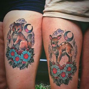 Adorable best friend tattoos by Linnea Pecsenye. #bestfriends #bestfriendtattoos #bfftattoos #matchingtattoos #foxtattoo #deertattoo