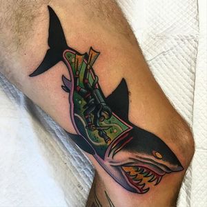 Diver Shark Tattoo by Sam Kane #SharkTattoos #SharkTattoo #Shark #SamKaneShark #SamKaneSharkTattoos #CreativeSharkTattoos #AustralianTattooArtists #SamKane