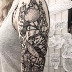 Two birds in the bush by Henbo Henning #HenboHenning #blackandgrey #illustrative #birds #feathers #wings #blossoms #tree #leaves #flowers #floral #nature #wildlife #tattoooftheday